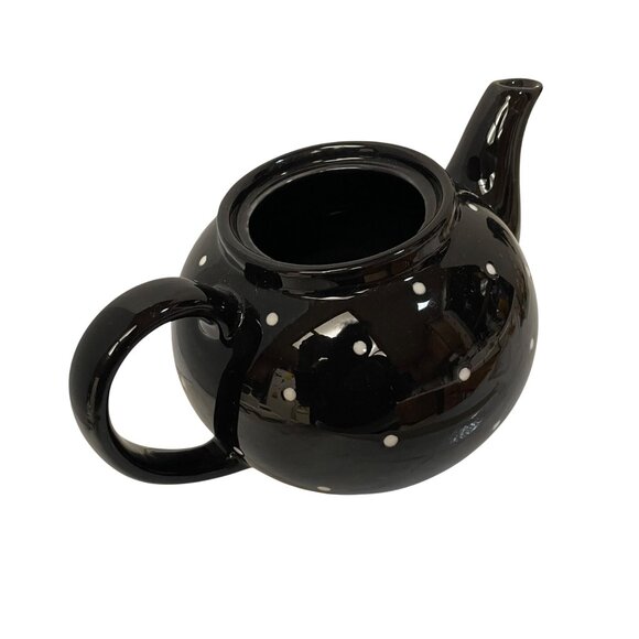 Department 56 Tea Pot Party Black White Polka Dot Teapot 5" x 9" Read - Picture 4 of 11
